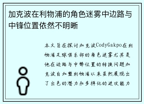 加克波在利物浦的角色迷雾中边路与中锋位置依然不明晰